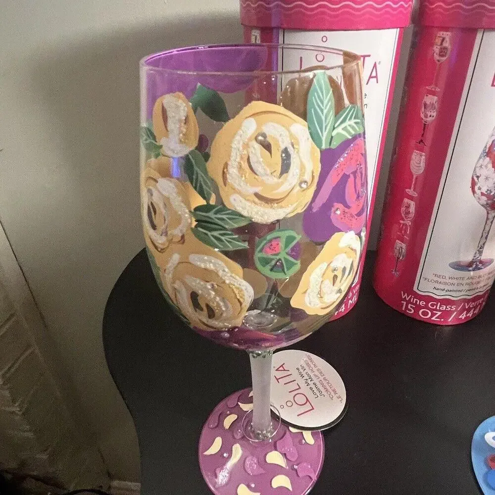 LOLITA Hand Painted Wine Glass Purple And Yellow “Coming Up Roses” - Picture 2 of 9